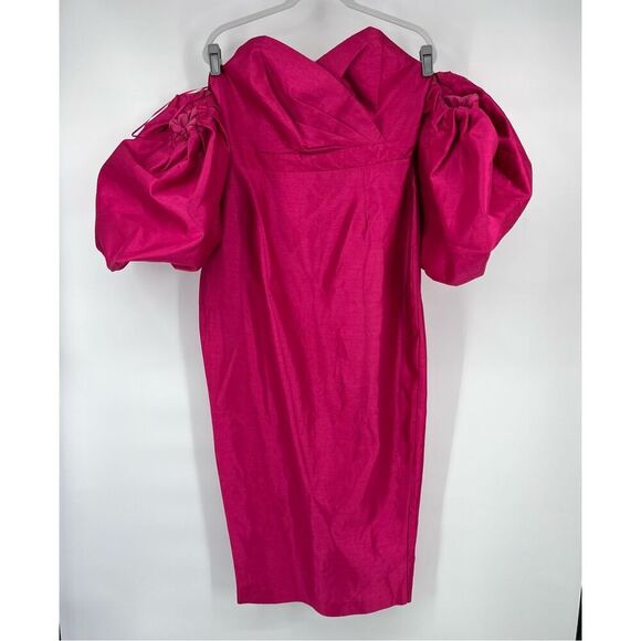 NEW Aliava Tiffany Dupioni Puff Sleeve Maxi Dress Hot Pink Midi Length Size XL - Picture 2 of 15